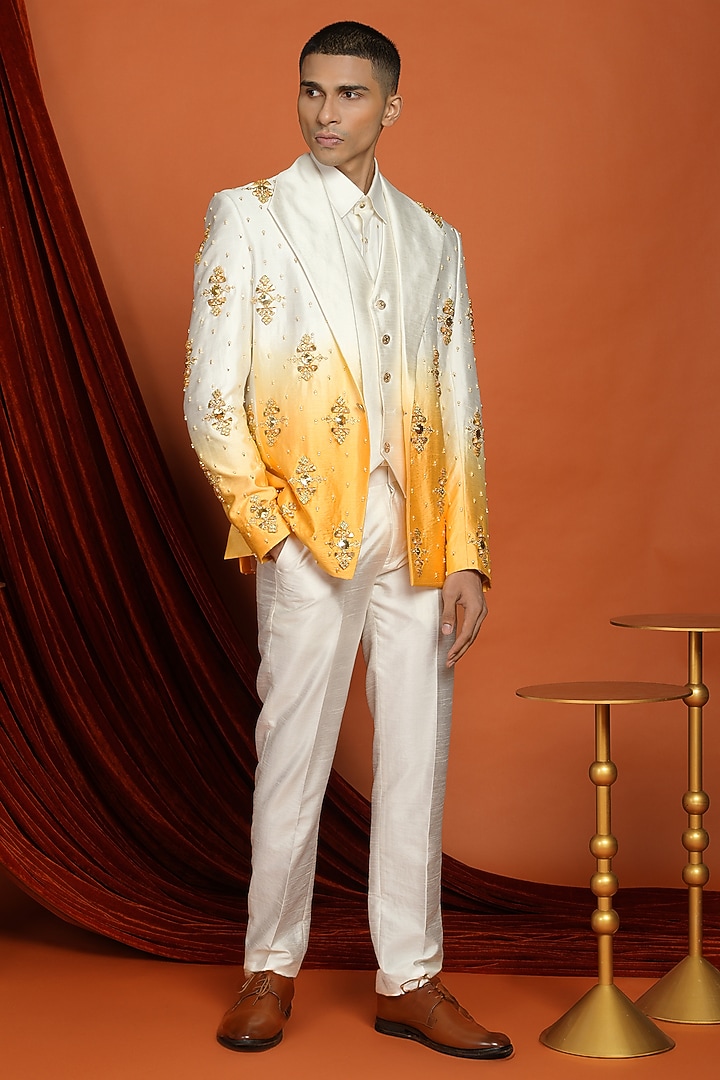 Mustard Yellow & Ivory Embellished Blazer Set by Papa Don't Preach by Shubhika Men at Pernia's Pop Up Shop