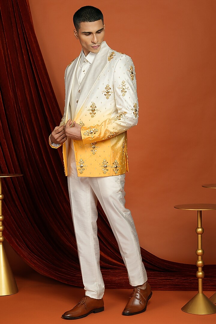 Mustard Yellow & Ivory Embellished Blazer Set by Papa Don't Preach by Shubhika Men at Pernia's Pop Up Shop