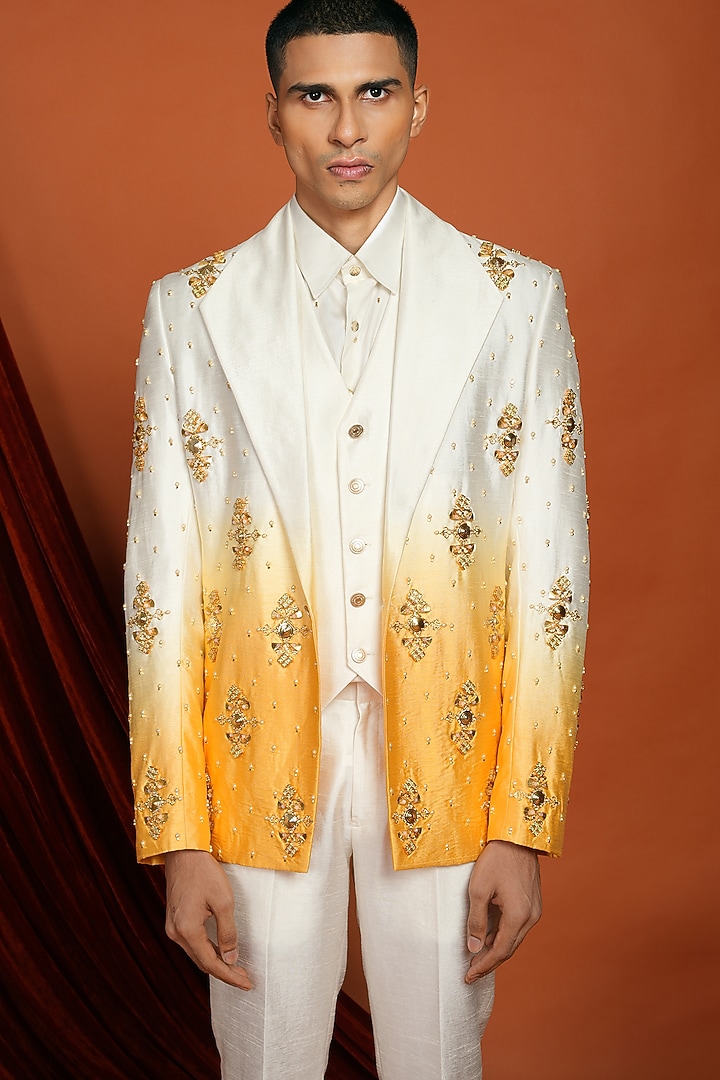 Mustard Yellow & Ivory Embellished Blazer Set by Papa Don't Preach by Shubhika Men at Pernia's Pop Up Shop