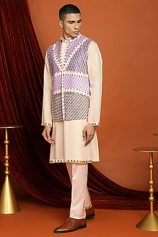 Lilac Velvet Printed & Embroidered Bundi Jacket Set by Papa Don't Preach by Shubhika Men