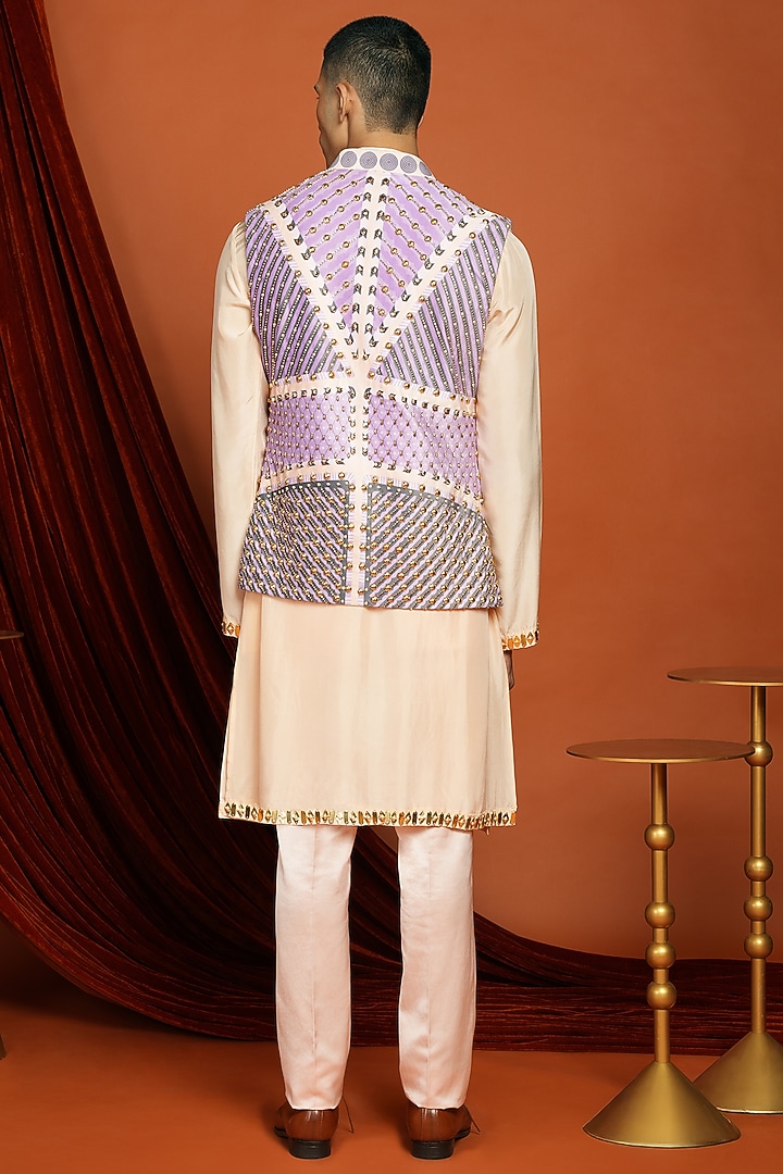 Lilac Velvet Printed & Embroidered Bundi Jacket Set by Papa Don't Preach by Shubhika Men at Pernia's Pop Up Shop