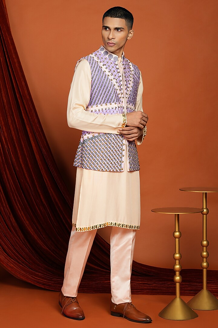 Lilac Velvet Printed & Embroidered Bundi Jacket Set by Papa Don't Preach by Shubhika Men at Pernia's Pop Up Shop