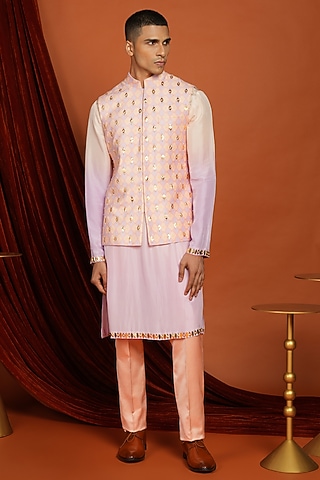 Peach-Lilac Velvet Printed & Embroidered Bundi Jacket Set by Papa Don't Preach by Shubhika Men