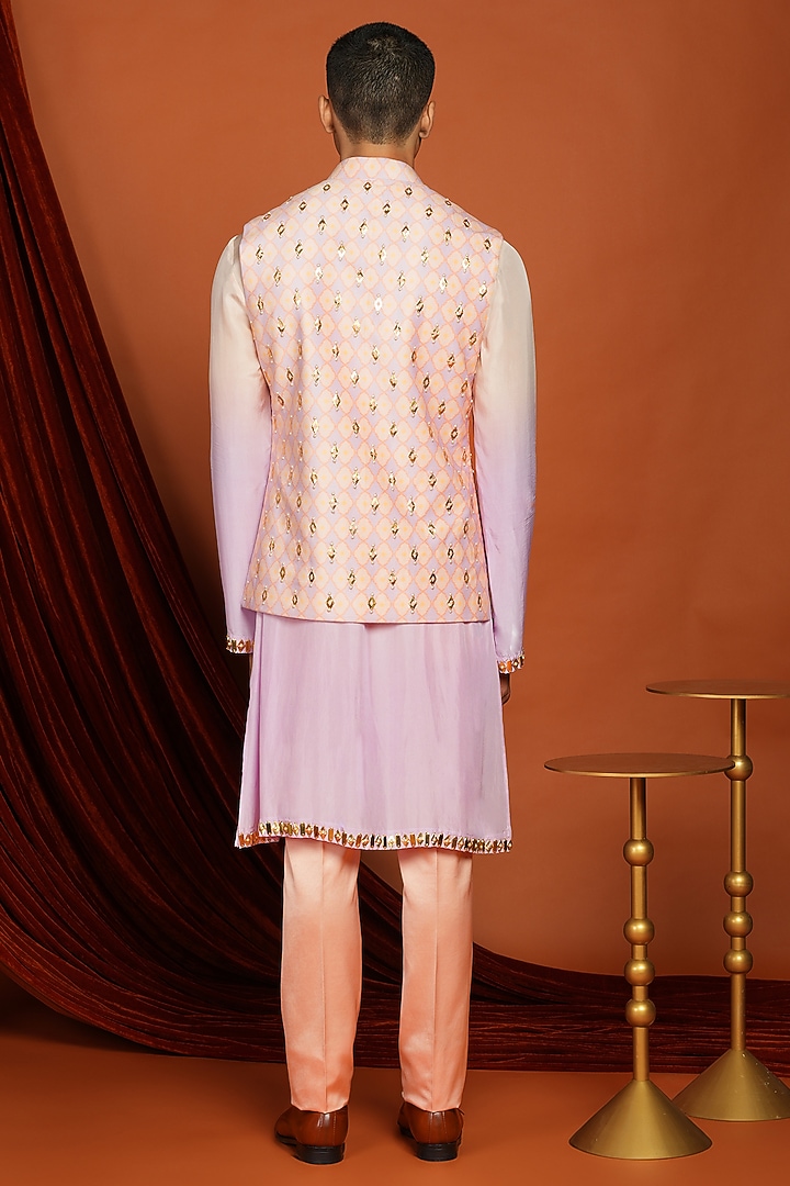 Peach-Lilac Velvet Printed & Embroidered Bundi Jacket Set by Papa Don't Preach by Shubhika Men at Pernia's Pop Up Shop