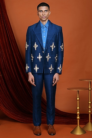 Blue Raw Silk Pearl Embroidered Blazer Set by Papa Don't Preach by Shubhika Men