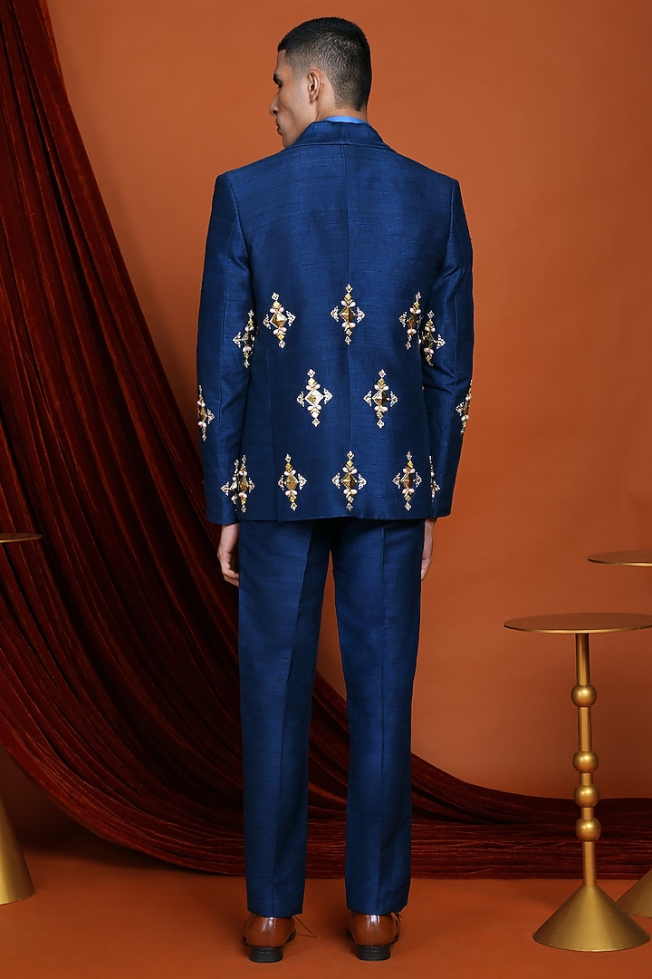 Blue Raw Silk Pearl Embroidered Blazer Set by Papa Don't Preach by Shubhika Men at Pernia's Pop Up Shop