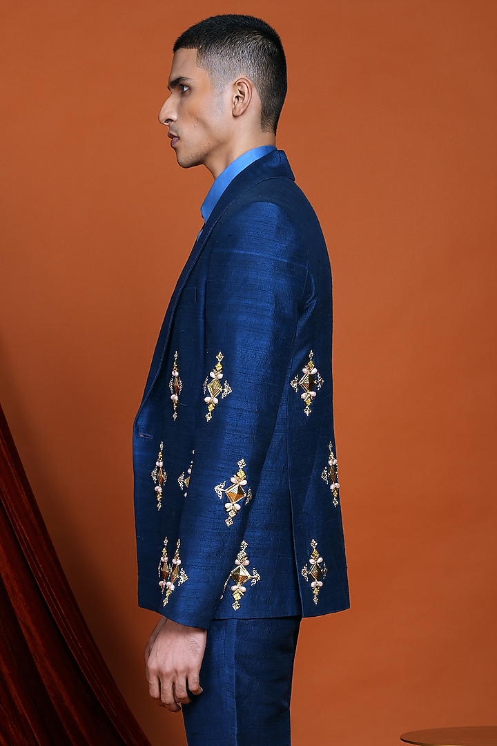 Blue Raw Silk Pearl Embroidered Blazer Set by Papa Don't Preach by Shubhika Men at Pernia's Pop Up Shop