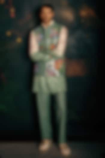 Green Floral Sequins Bundi Set by Papa Don't Preach by Shubhika Men at Pernia's Pop Up Shop