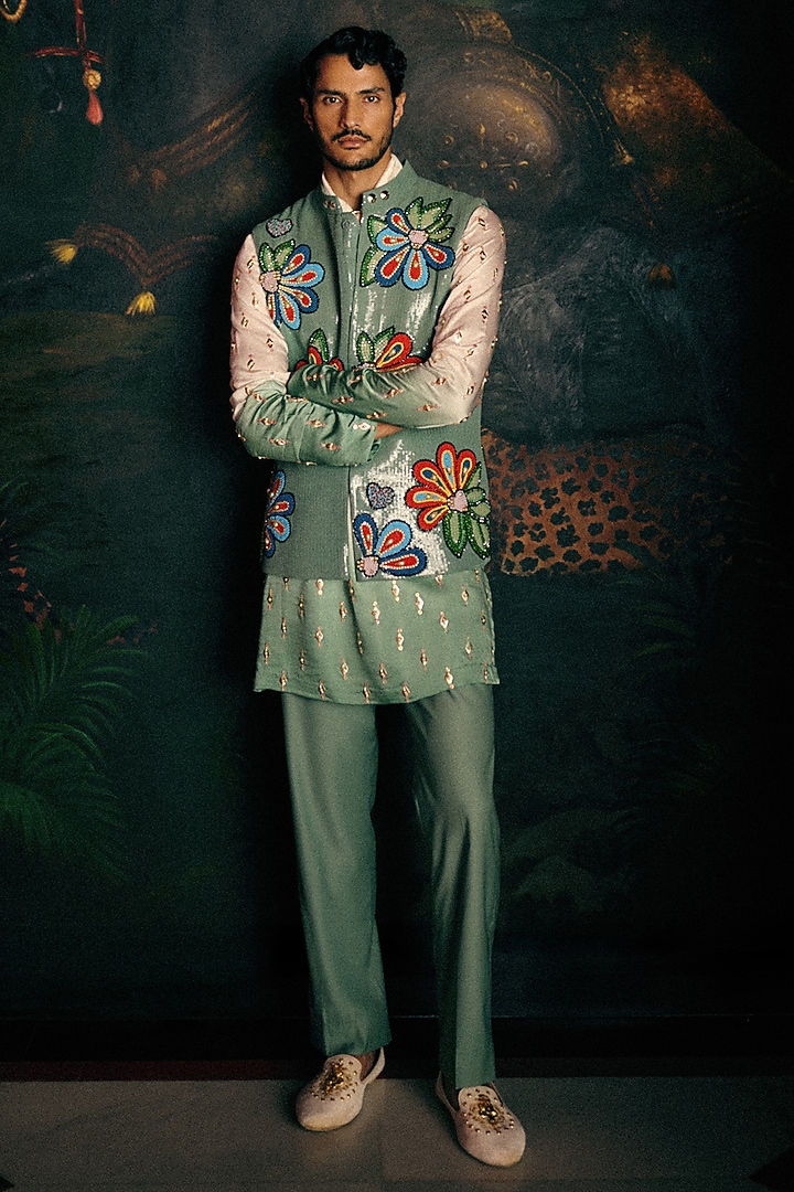 Green Floral Sequins Bundi Set by Papa Don't Preach by Shubhika Men at Pernia's Pop Up Shop