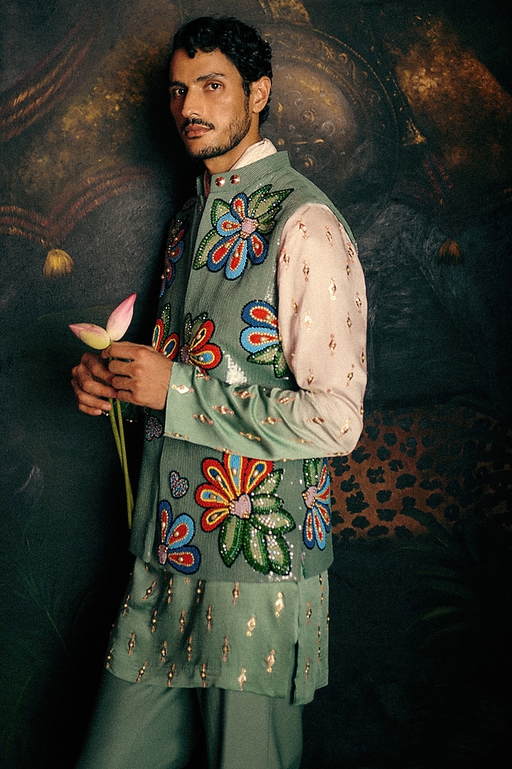 Green Floral Sequins Bundi Set by Papa Don't Preach by Shubhika Men at Pernia's Pop Up Shop