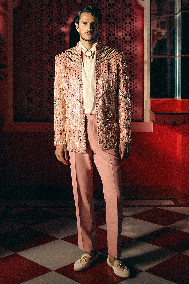 Pink Velvet Geometric Embroidered Groom Indowestern Set by Papa Don't Preach by Shubhika Men at Pernia's Pop Up Shop