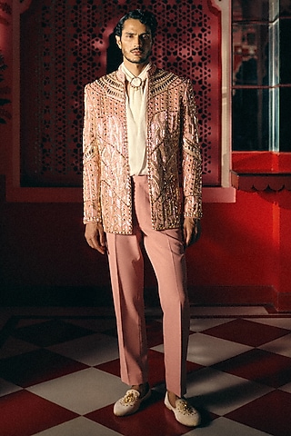 Pink Velvet Geometric Embroidered Indowestern Set by Papa Don't Preach by Shubhika Men