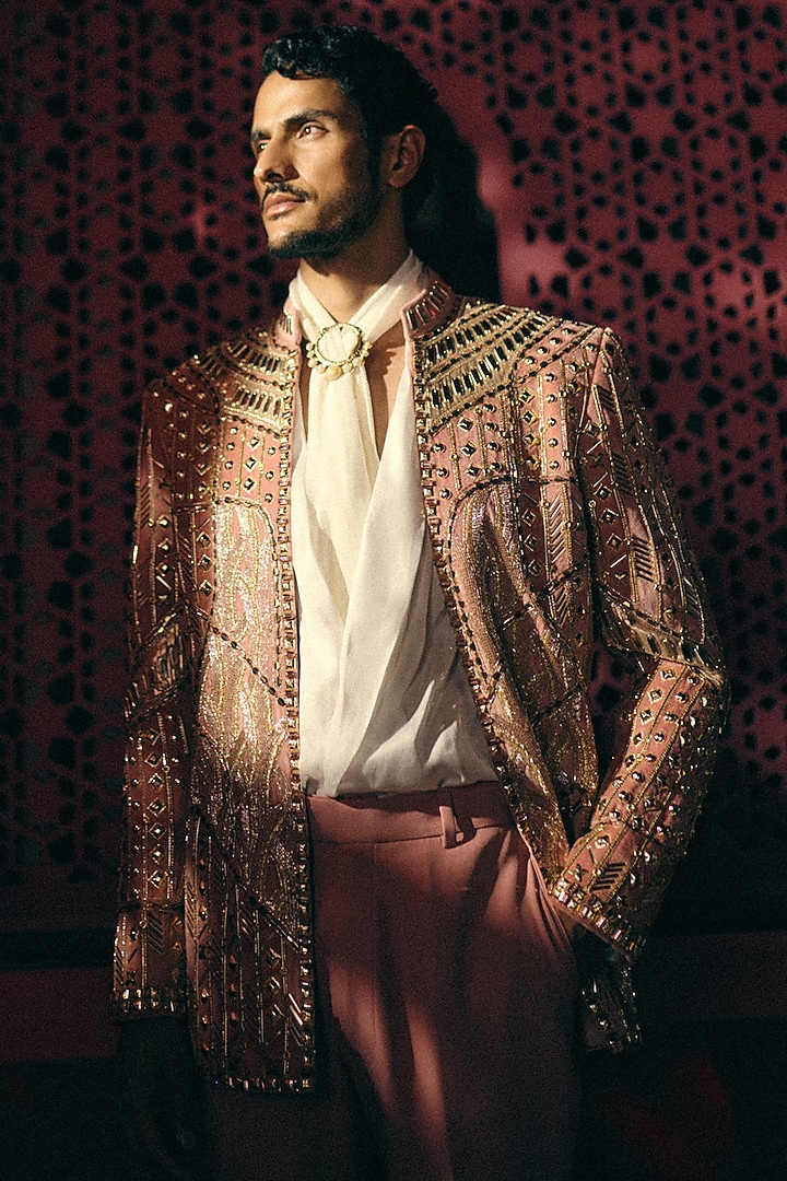 Pink Velvet Geometric Embroidered Groom Indowestern Set by Papa Don't Preach by Shubhika Men at Pernia's Pop Up Shop