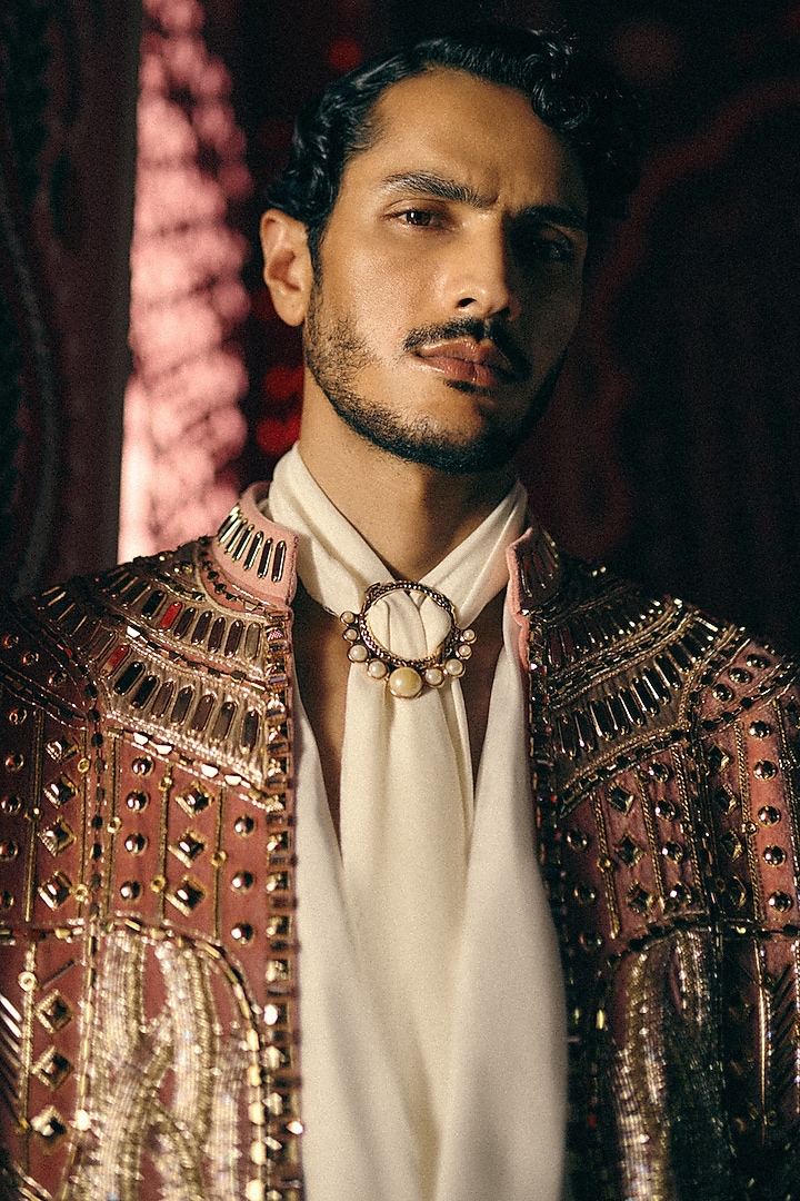 Pink Velvet Geometric Embroidered Groom Indowestern Set by Papa Don't Preach by Shubhika Men at Pernia's Pop Up Shop