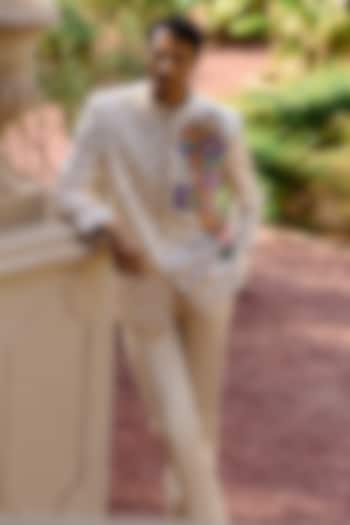 Beige Sequins Floral Groom Bandhgala Set by Papa Don't Preach by Shubhika Men at Pernia's Pop Up Shop