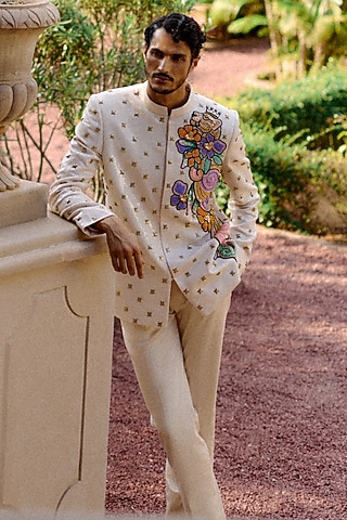 Beige Sequins Floral Bandhgala Set by Papa Don't Preach by Shubhika Men