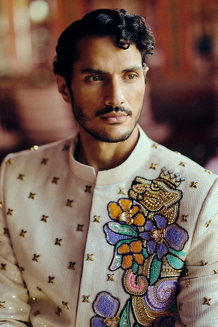 Beige Sequins Floral Groom Bandhgala Set by Papa Don't Preach by Shubhika Men at Pernia's Pop Up Shop