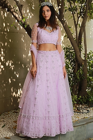 Lavender Embroidered Lehenga Set by Powder Pink