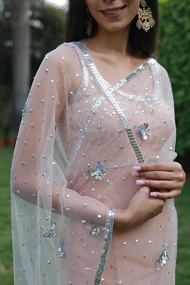 Nude Embroidered Wedding Saree Set by Powder Pink at Pernia's Pop Up Shop