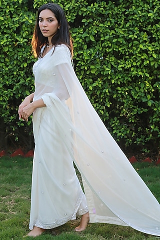 White Embroidered Saree Set by Powder Pink