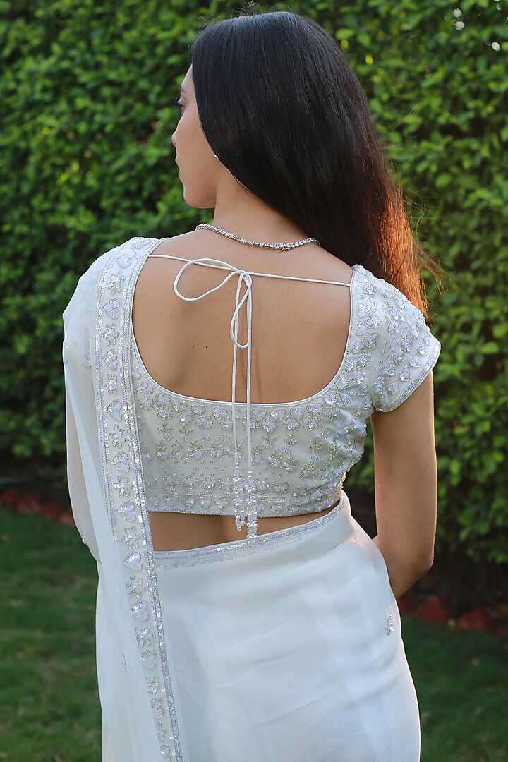 White Embroidered Wedding Saree Set by Powder Pink at Pernia's Pop Up Shop
