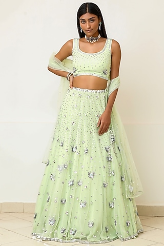 Green Net Embroidered Lehenga Set by Powder Pink