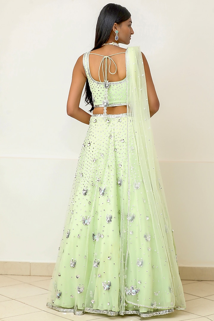 Green Net Embroidered Wedding Lehenga Set by Powder Pink at Pernia's Pop Up Shop