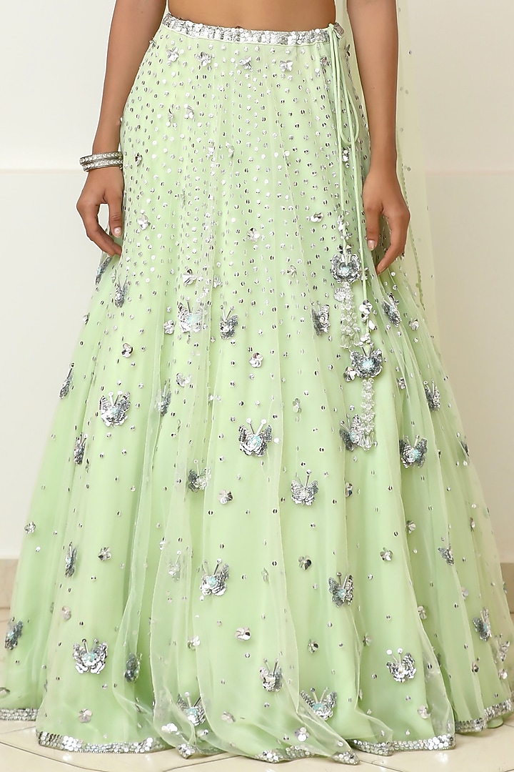 Green Net Embroidered Wedding Lehenga Set by Powder Pink at Pernia's Pop Up Shop