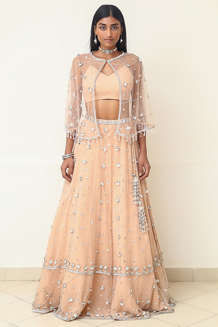Silver Nude Embroidered Jacket Lehenga Set by Powder Pink