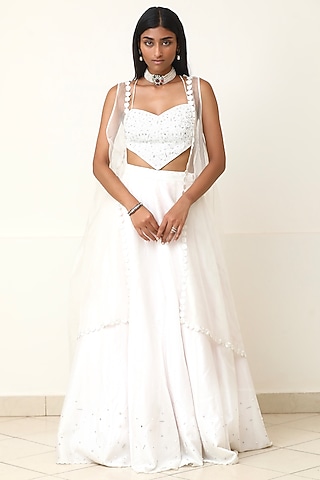 White Embroidered Jacket Lehenga Set by Powder Pink