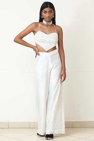 White Organza Embroidered Pant Set by Powder Pink