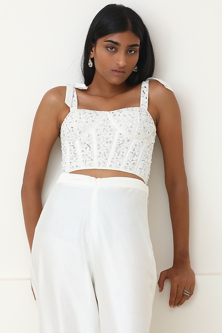 White Silk Chanderi Pant Set by Powder Pink at Pernia's Pop Up Shop