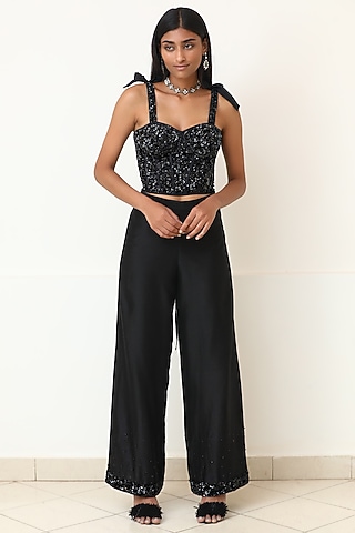 Black Silk Chanderi Pant Set by Powder Pink
