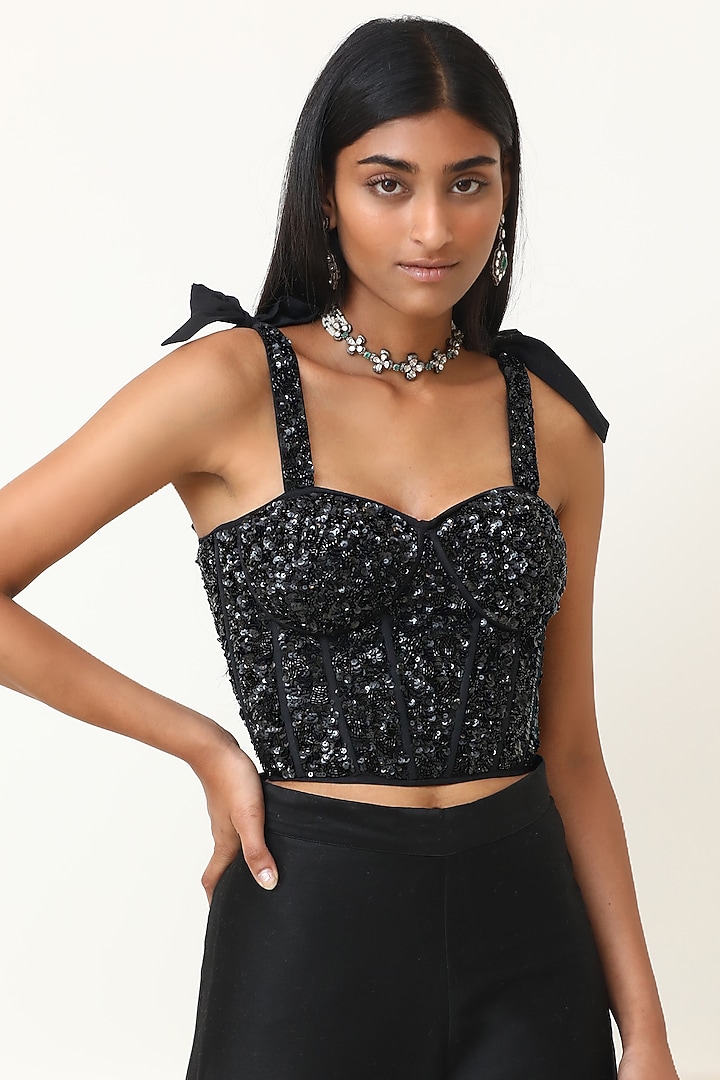Black Silk Chanderi Pant Set by Powder Pink at Pernia's Pop Up Shop