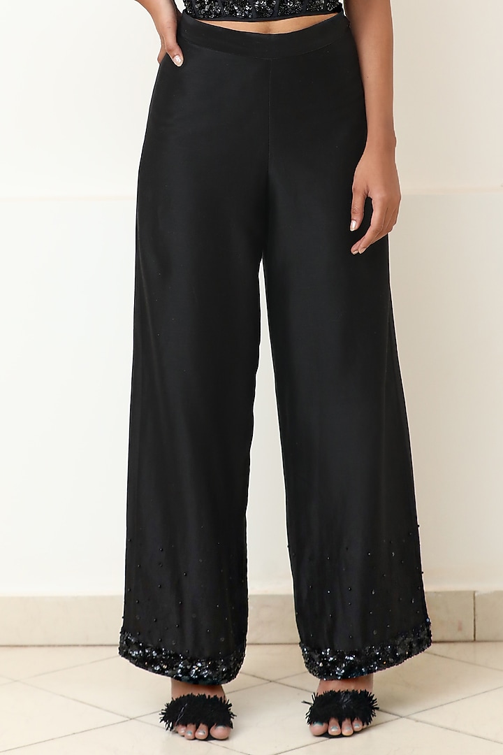 Black Silk Chanderi Pant Set by Powder Pink at Pernia's Pop Up Shop