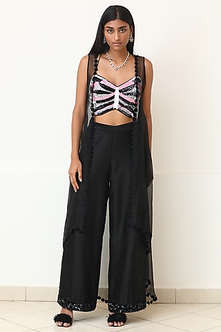 Pink & Black Organza Pant Set by Powder Pink