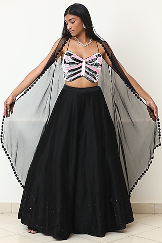 Pink & Black Organza Butterfly Lehenga Set by Powder Pink