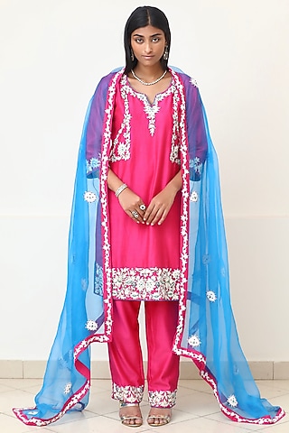 Pink & Blue Embroidered Kurta Set by Powder Pink