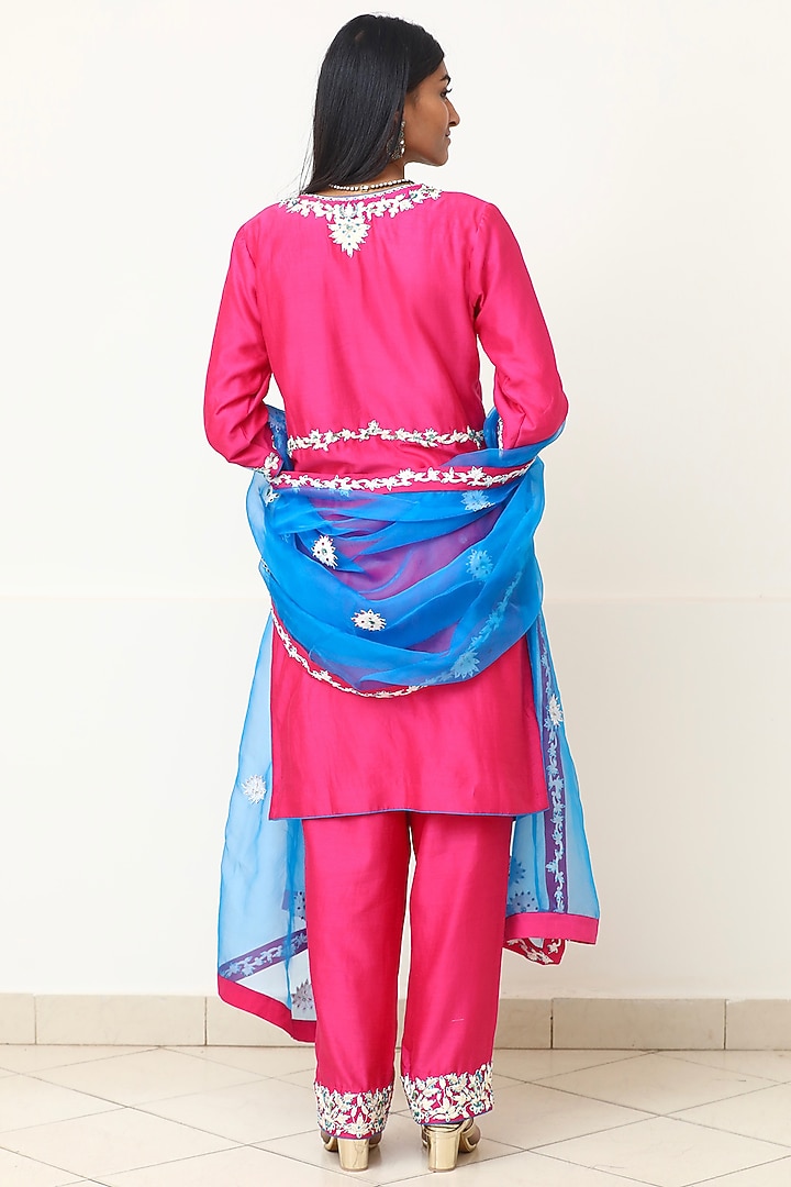Pink & Blue Embroidered Kurta Set by Powder Pink at Pernia's Pop Up Shop