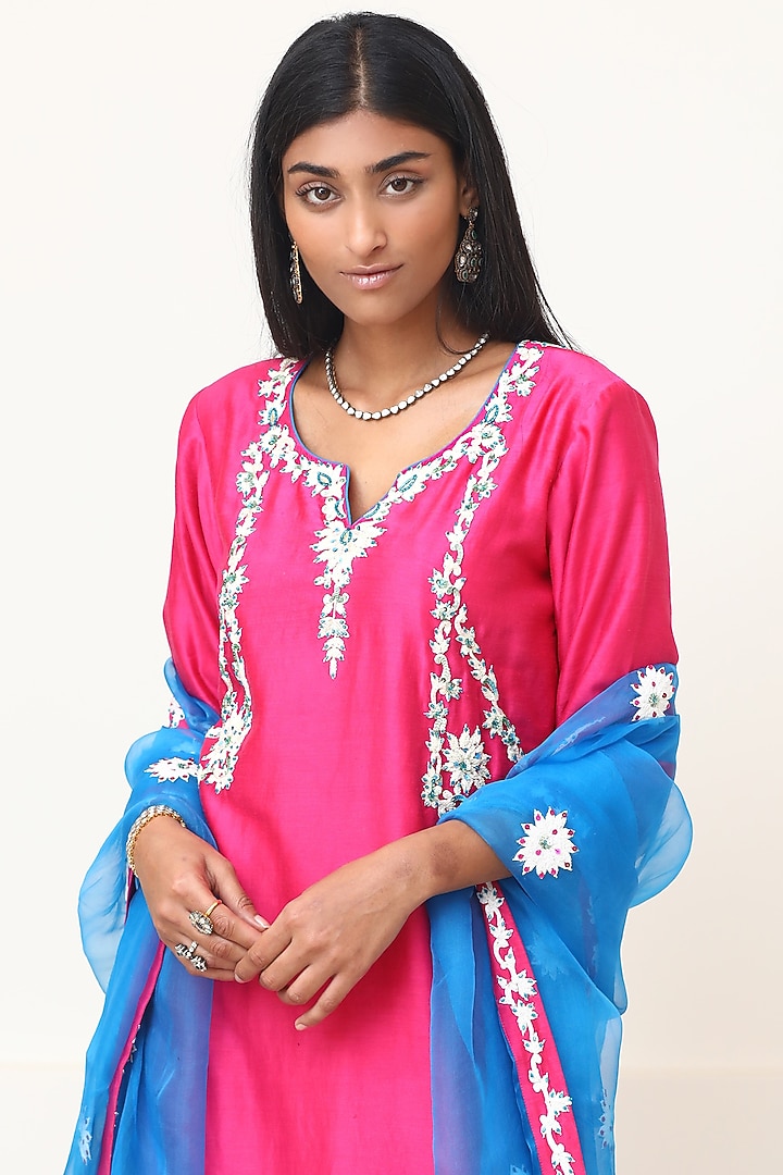 Pink & Blue Embroidered Kurta Set by Powder Pink at Pernia's Pop Up Shop