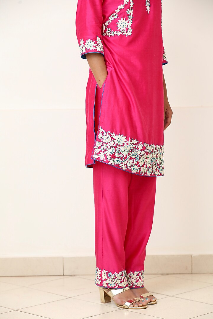 Pink & Blue Embroidered Kurta Set by Powder Pink at Pernia's Pop Up Shop