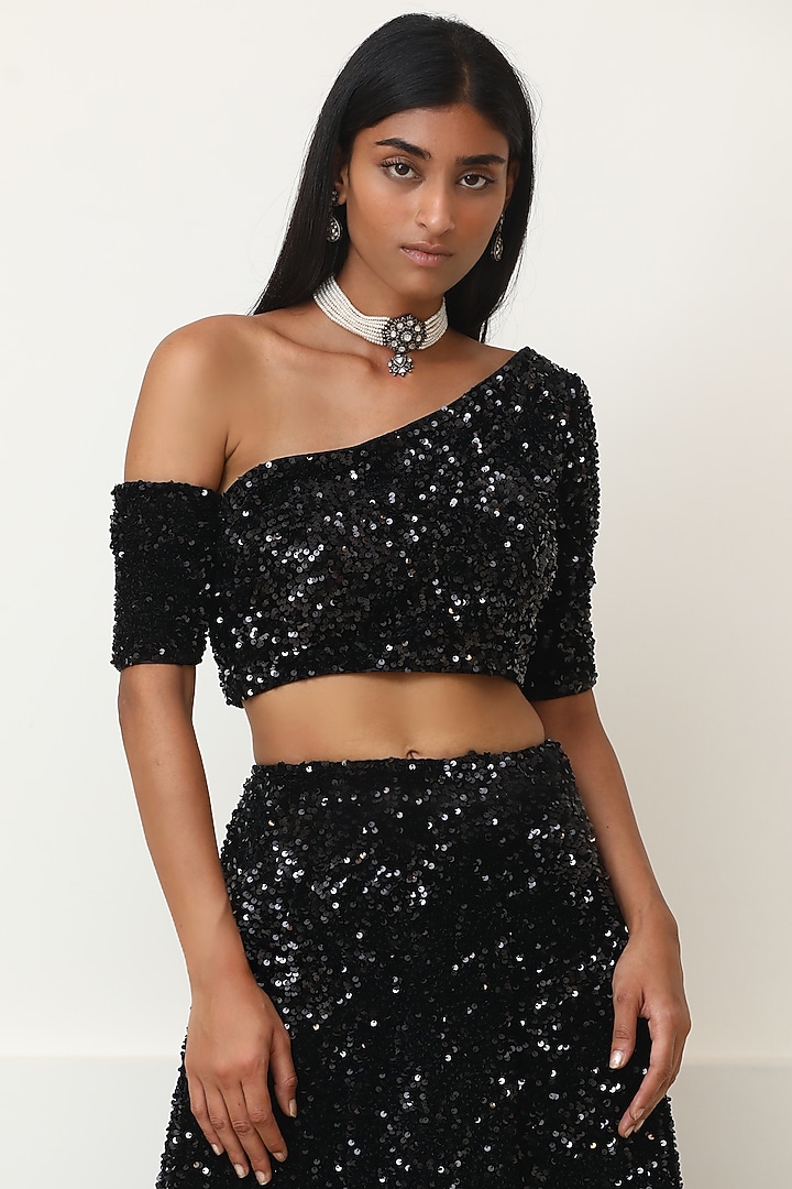 Black Velvet Wedding Lehenga Set by Powder Pink at Pernia's Pop Up Shop