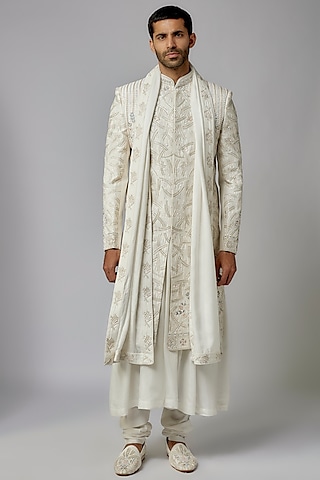 Ivory Mulberry Silk Hand Embroidered Sherwani Set by PARV DESIGN STUDIO