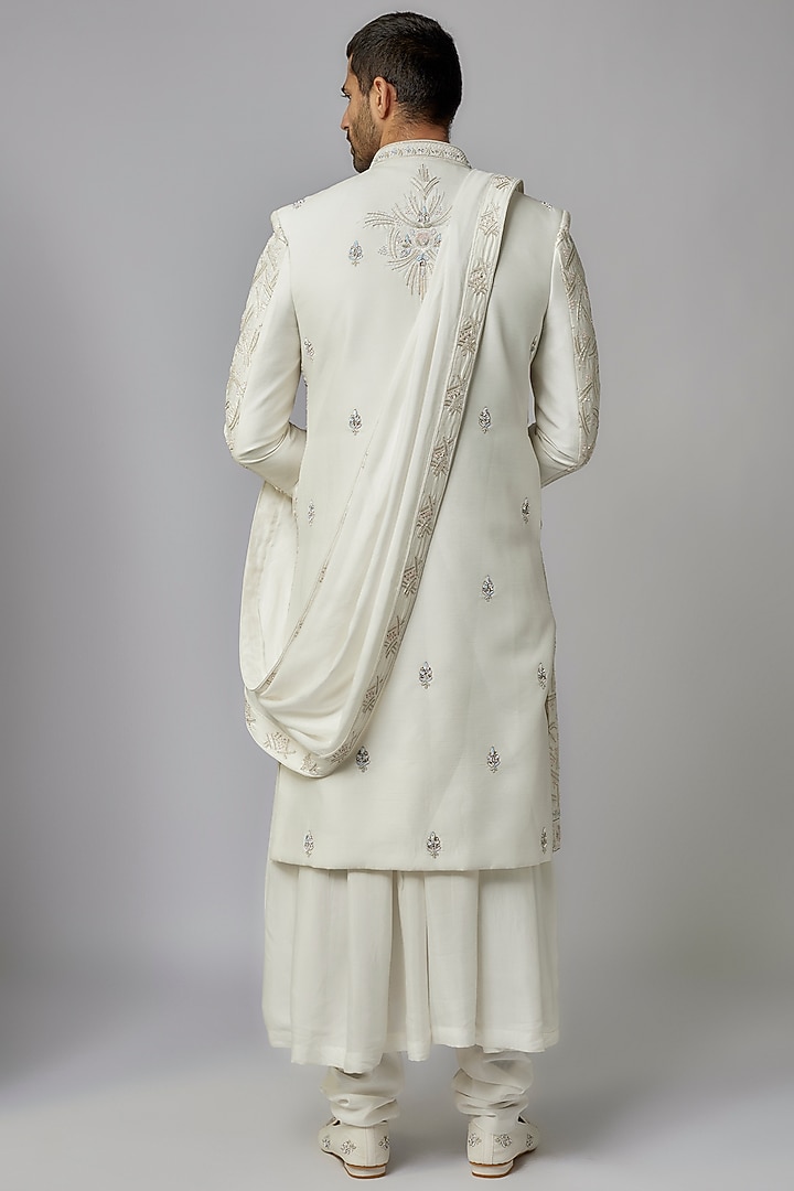 Ivory Mulberry Silk Hand Embroidered Groom Sherwani Set by PARV DESIGN STUDIO at Pernia's Pop Up Shop