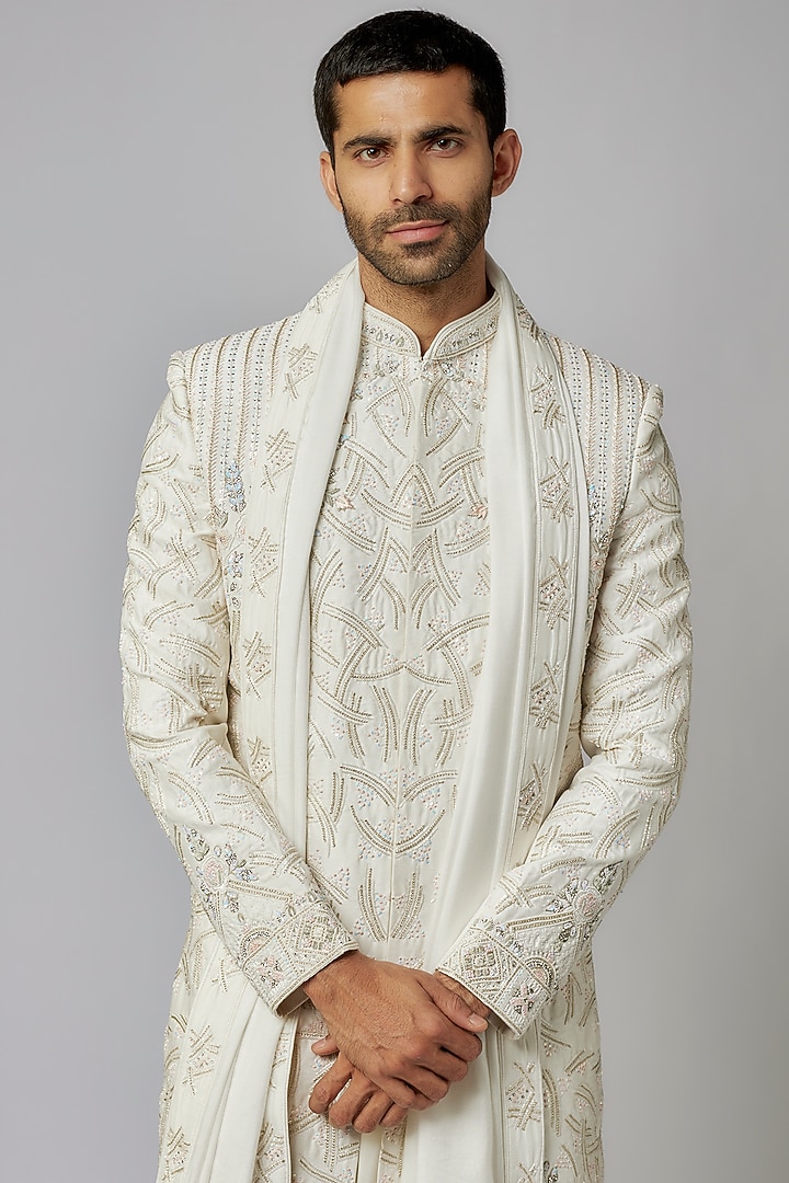 Ivory Mulberry Silk Hand Embroidered Groom Sherwani Set by PARV DESIGN STUDIO at Pernia's Pop Up Shop