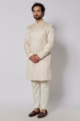 Pearl White Woven Satin Embroidered Sherwani Set by PARV DESIGN STUDIO