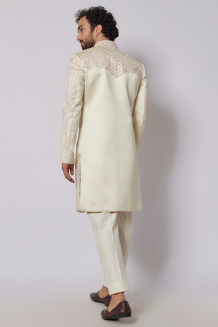 Pearl White Woven Satin Embroidered Wedding Sherwani Set by PARV DESIGN STUDIO at Pernia's Pop Up Shop