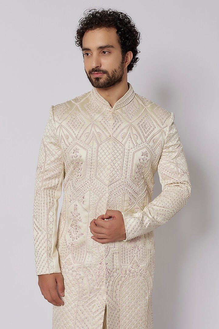 Pearl White Woven Satin Embroidered Wedding Sherwani Set by PARV DESIGN STUDIO at Pernia's Pop Up Shop