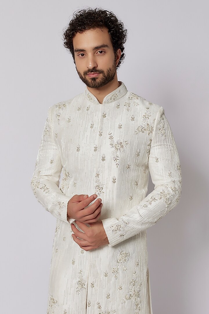 Ivory Raw Silk Hand Embroidered Wedding Sherwani Set by PARV DESIGN STUDIO at Pernia's Pop Up Shop