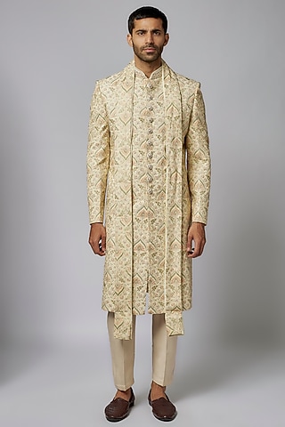 Lemon Yellow & Green Moonga Silk Embroidered Sherwani Set by PARV DESIGN STUDIO